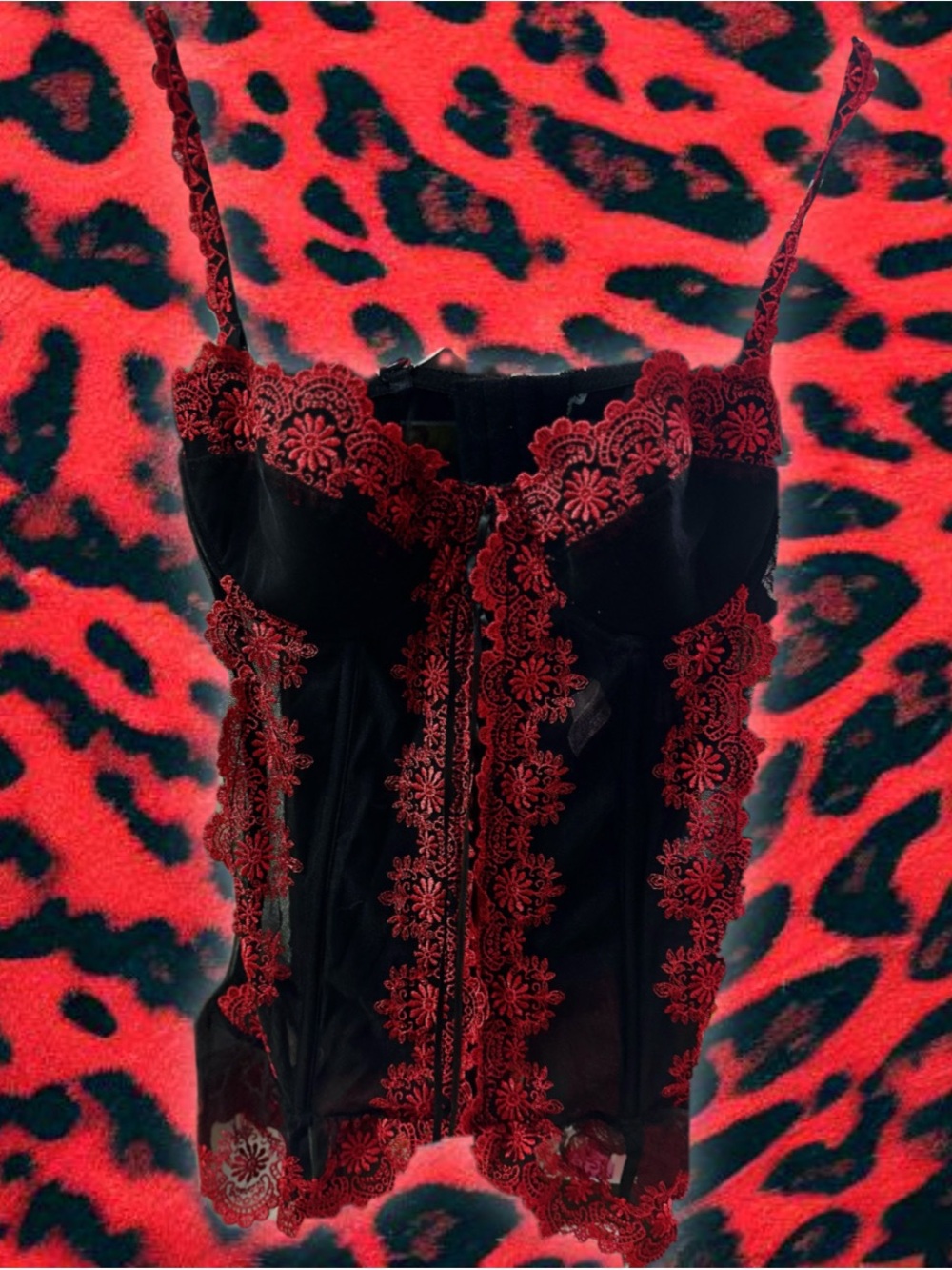 Black Sheer Lace Bustier with Red Floral Appliqué